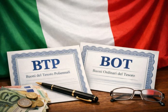bandiera Italia e BOT e BTP