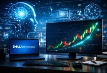 Sulle azioni Dell pioggia di buy dopo la trimestrale: fin dove possono salire? desktop con grafico rialzista e logo Dell