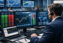 trader in azione dinanzi a schermi
