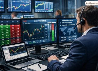 trader in azione dinanzi a schermi