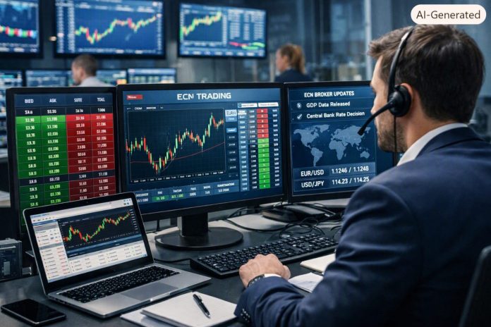 broker ecn trader in azione dinanzi a schermi
