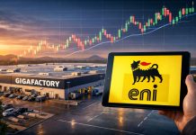 Azioni Eni oramai stabilizzate: dalle gigafactory l’assist per ripartire? una gigafactory e logo di Eni su tablet