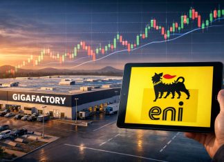 una gigafactory e logo di Eni su tablet