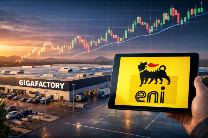 eni gigafactory una gigafactory e logo di Eni su tablet
