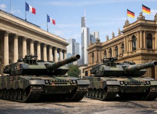 carri armati Leopard e sullo sfondo borsa di Parigi e Francoforte