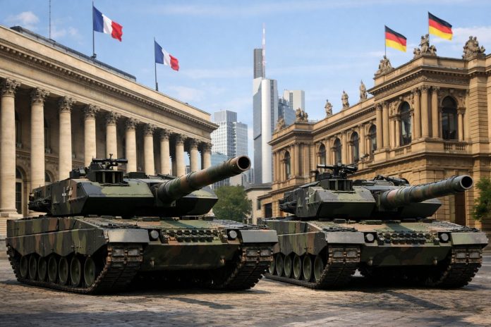 carri armati Leopard e sullo sfondo borsa di Parigi e Francoforte
