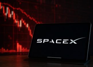 grafico in ribasso e logo SpaceX su tablet