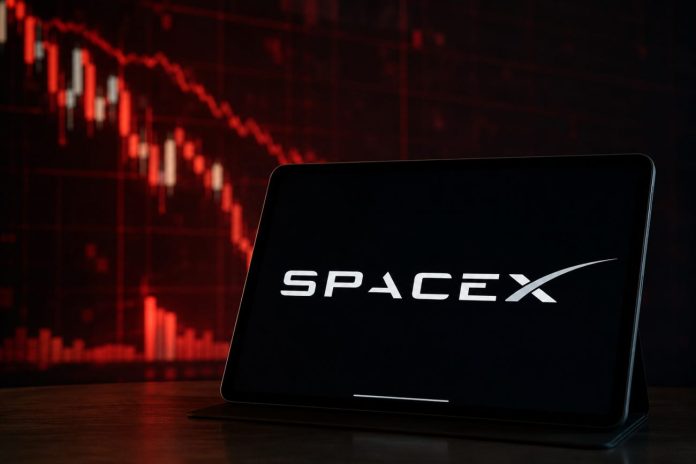 grafico in ribasso e logo SpaceX su tablet