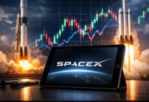 Azioni SpaceX: cosa succederà dopo la trimestrale? Long o short? logo SpaceX su tablet e razzo