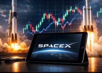 logo SpaceX su tablet e razzo
