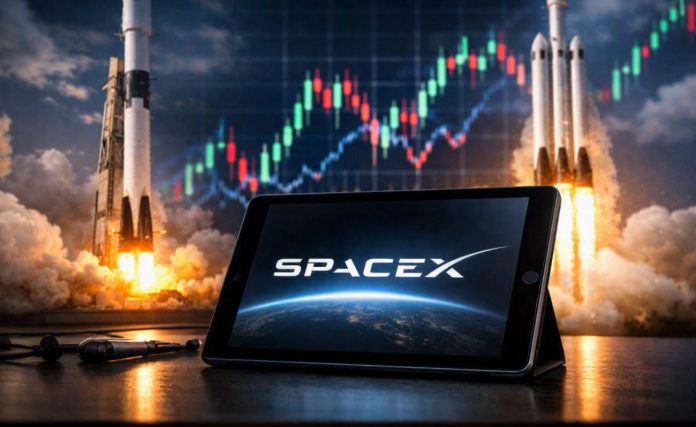 azioni spacex trimestrale logo SpaceX su tablet e razzo