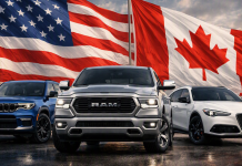 Per le azioni Stellantis cosa significano i super dazi Usa al Canada? auto della casa Stellantis con bandiera Usa e Canada