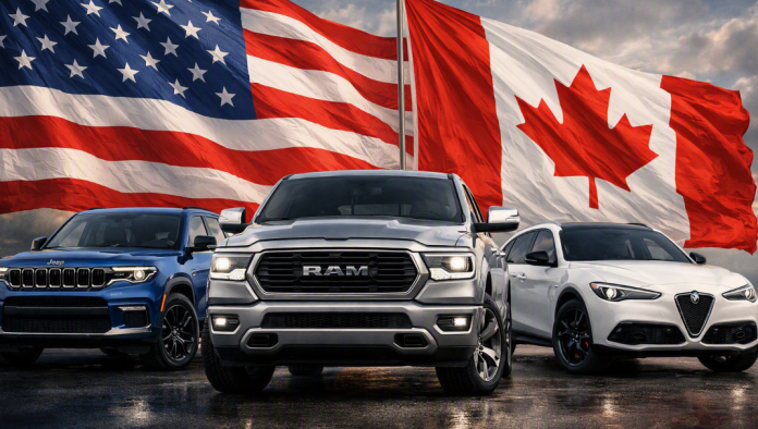 auto della casa Stellantis con bandiera Usa e Canada