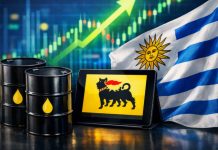 Bandiera Uruguay e barili petrolio