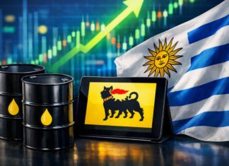 Bandiera Uruguay e barili petrolio