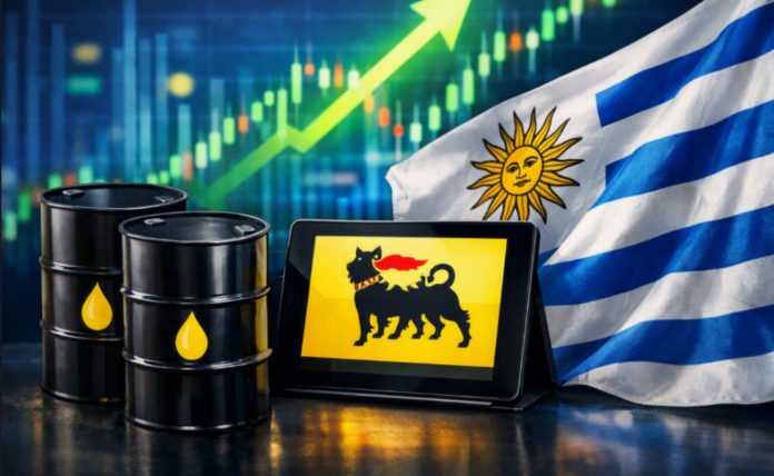 eni petrolio Bandiera Uruguay e barili petrolio
