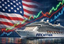 Azioni Fincantieri: rimbalzo dopo crollo? Focus su memorandum Us Navy nave con sullo sfondo bandiera Usa