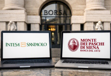 Azioni Intesa Sanpaolo: top annui nel mirino. Focus aumento capitale OPAS MPS facciata borsa di Milano e laptop con loghi banche