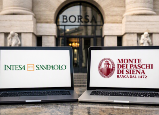 facciata borsa di Milano e laptop con loghi banche