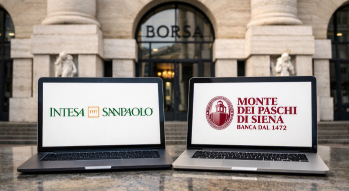 mps intesa facciata borsa di Milano e laptop con loghi banche