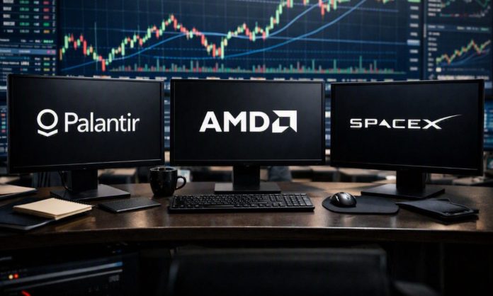 palantir, amd spacex desktop con loghi delle tre società tech