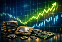 grafico borsa in rialzo e microchips
