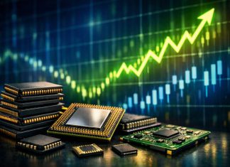 grafico borsa in rialzo e microchips
