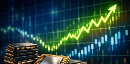 grafico borsa in rialzo e microchips