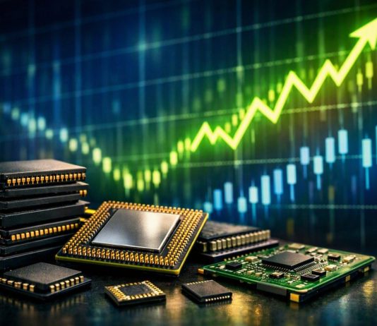 grafico borsa in rialzo e microchips