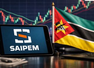 bandiera Mozambico e logo Saipem su tablet