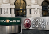 Intesa Sanpaolo OPAS MPS: istruttoria Antitrust. Dettagli e punti sotto esame sede borsa con loghi delle due banche