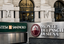 Intesa Sanpaolo OPAS MPS: istruttoria Antitrust. Dettagli e punti sotto esame sede borsa con loghi delle due banche