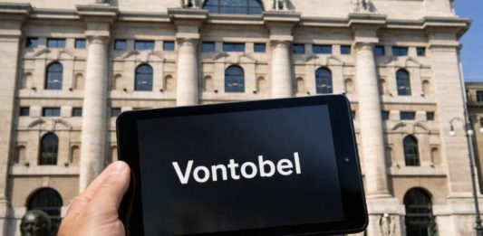 facciata borsa di Milano e tablet con logo Vontobel