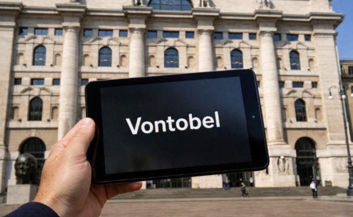 facciata borsa di Milano e tablet con logo Vontobel
