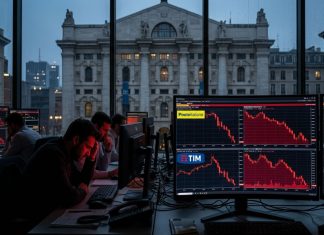trader in azione e sullo sfondo borsa di Milano