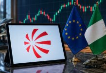 Azioni Leonardo tra fondi SAFE, contratti in Nigeria e buyback: come regolarsi? tablet con favicon Leonardo, bandiera Ue e bandiera Nigeria