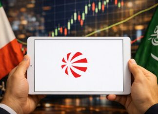 tablet con logo Leonardo e bandiera Arabia Saudita sullo sfondo