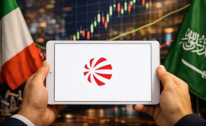 leonardo arabia saudita tablet con logo Leonardo e bandiera Arabia Saudita sullo sfondo