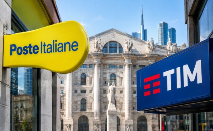 facciata borsa di Milano e insegne Poste e TIM