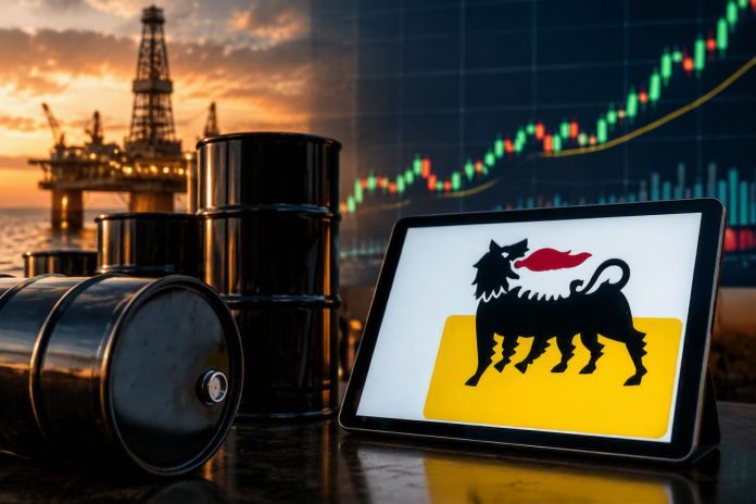 titolo eni in rialzo barili petrolio e grafico a candele