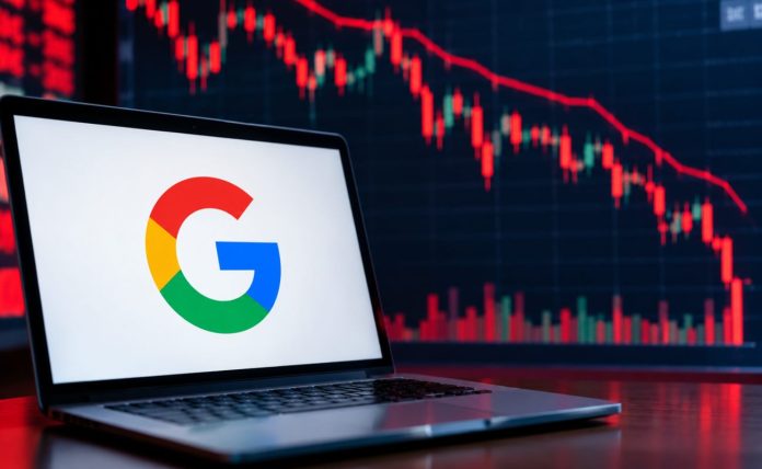 Google calo mercato ribassista e logo Google (AI)