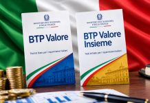 fogli con BTP Valore e bandiera Italia