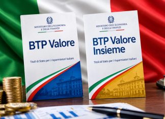 fogli con BTP Valore e bandiera Italia