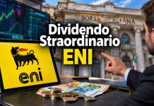 Dividendo straordinario Eni: come si calcola. Esempio pratico investitore che indica la borsa e logo Eni (AI)