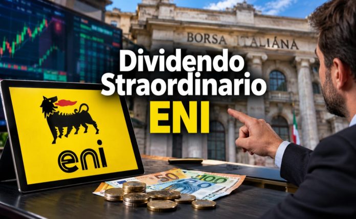 dividendo straordinario Eni investitore che indica la borsa e logo Eni (AI)