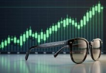 Azioni EssilorLuxottica: +20% in una settimana. Come regolarsi adesso? occhiali e grafico al rialzo (immagine AI)