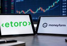 Moneyfarm nel mirino di eToro? Perchè l’acquisizione è sfumata tablet con loghi eToro e Moneyfarm (AI)