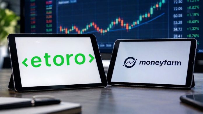tablet con loghi eToro e Moneyfarm (AI)