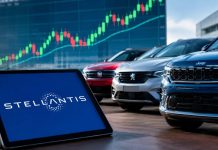 auto con logo Stellantis su tablet (AI)