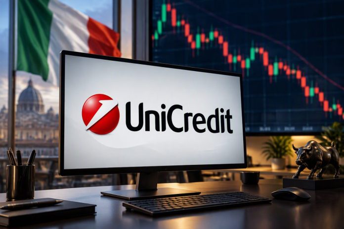 unicredit in borsa grafico e bandiera Italia con logo Unicredit